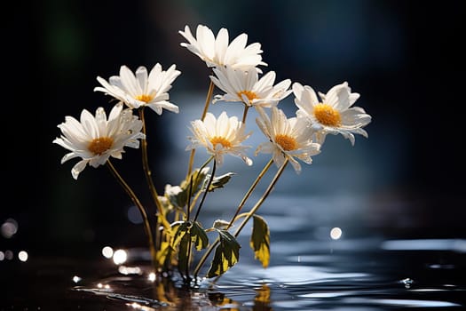 Chamomile flowers in water at sunset. Summer chamomile background.
