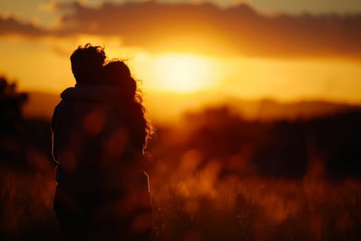 A family shares an affectionate embrace, silhouetted against a radiant sunset. The warm hues of the dusk sky envelop them, symbolizing the end of a day spent together.
