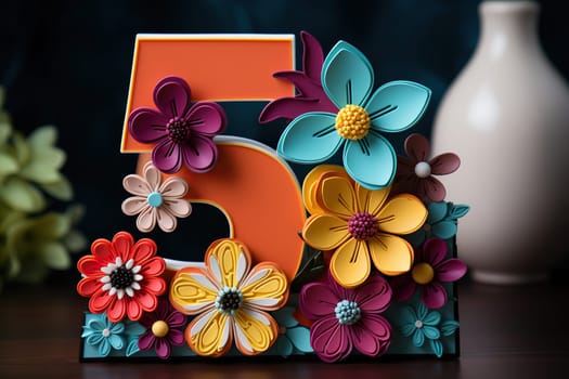 Number 5 decorated with paper flowers. Children's birthday.