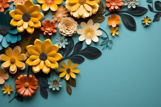 Spring, summer blue background with cut paper style flowers and place for text.