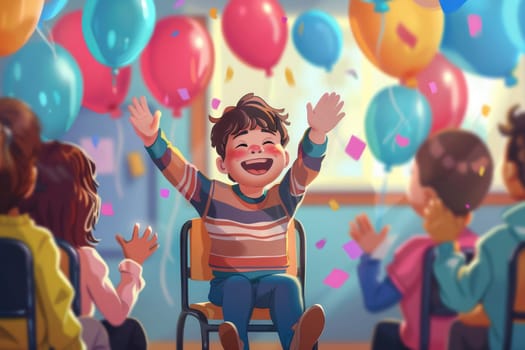 A delighted young boy with autism is being celebrated by his peers, surrounded by colorful balloons and confetti. The cheerful atmosphere captures a significant milestone in an inclusive educational setting