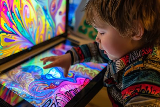 A young boy with autism is absorbed in a tactile sensory activity, using his hands to explore and create. The vibrant colors highlight the sensory stimulation and learning experience