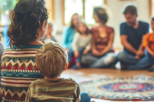 A blurred background captures a support circle, highlighting a young child and caregiver. This image evokes the importance of community and guidance