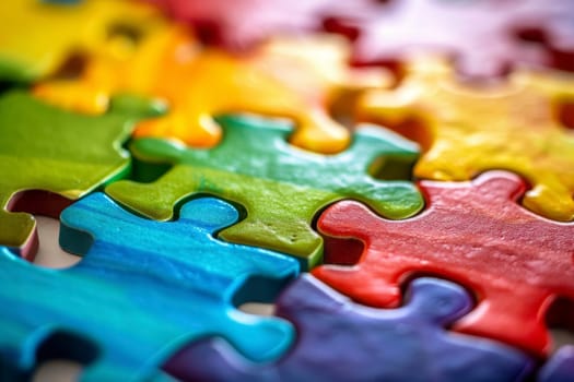 Vibrant puzzle pieces interlock in a close-up, symbolizing the complexity and unity of the autism spectrum. The colorful assembly represents the diversity of individuals and the unity of support during an autism awareness event