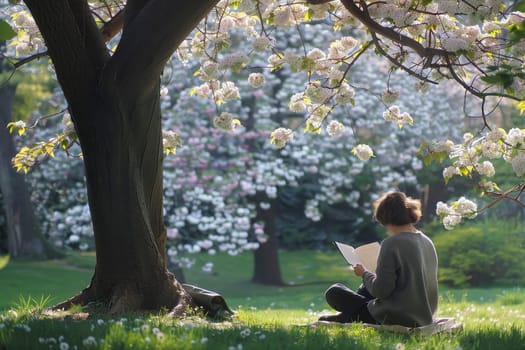 Under a canopy of blooming flowers, a person is engrossed in writing, surrounded by the tranquility of a spring garden. This moment of solitude is both inspiring and peaceful.