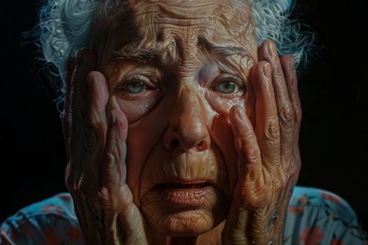 An elderly woman's face is captured in a moment of profound sadness, tears glistening in her eyes as she holds her face in her hands. The striking detail of her weathered skin conveys a lifetime of emotions and stories untold