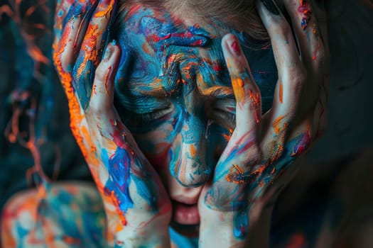 A person's face and hands covered in vibrant paint, depicting a moment of artistic frustration or inspiration. The blend of colors on the skin evokes a raw, emotional connection with art and expression