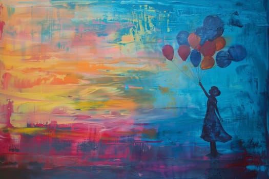 An expressionistic painting captures a solitary figure releasing a burst of colorful balloons into a fiery sunset. The contrasting cool and warm tones reflect the emotional release and freedom