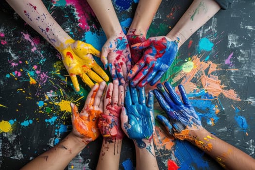 An overhead shot captures hands painted in bright colors against a black backdrop splattered with paint, signifying creative expression and artistic collaboration. The vibrant hues and patterns showcase diversity and creativity