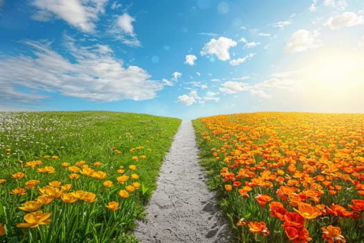 A breathtaking path through a vibrant field of wildflowers leads towards a radiant sunrise, symbolizing hope and new beginnings. The mixture of colorful flora under a dynamic sky evokes a sense of wonder and possibility