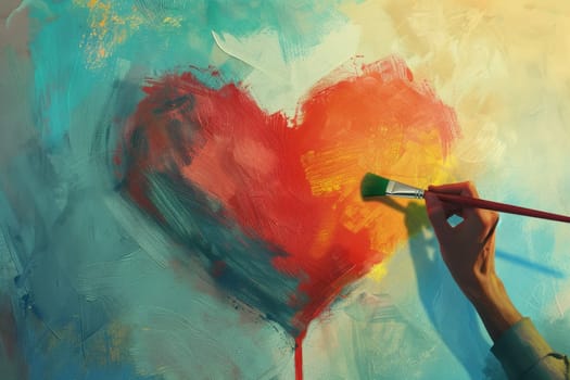 Two hands emerge in a minimalistic style, painting a heart symbol with bold, expressive strokes. The image conveys creativity and the passion of artistry.