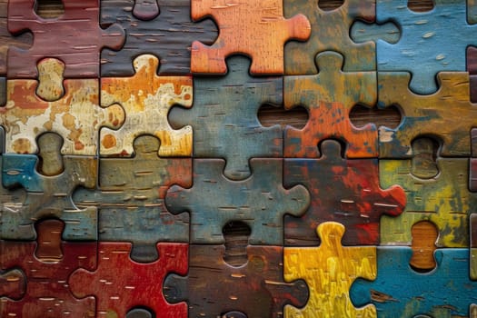 A macro shot of interlocked puzzle pieces with rich textures and colors. This image represents complexity and detailed craftsmanship