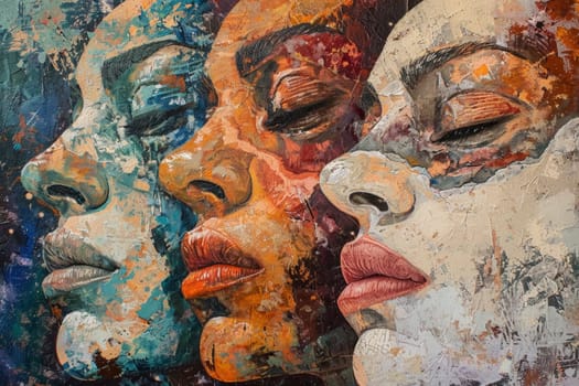 An expressive painting showcases a trio of faces in vibrant colors, their features melting into each other in a display of unity and diversity. The textured strokes add a dynamic and tactile quality to the artwork
