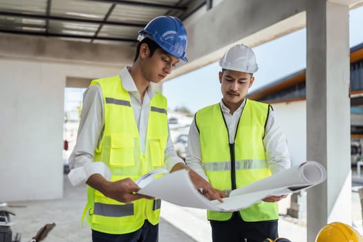 Two Specialists Inspect Commercial, Industrial Building Construction Site. Real Estate Project with Civil Engineer.