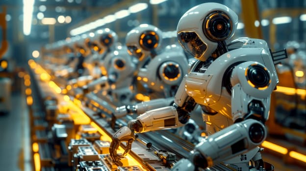 robot production line where products are manufactured by AI robots. Generative AI.