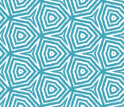 Ikat repeating swimwear design. Turquoise symmetrical kaleidoscope background. Summer ikat sweamwear pattern. Textile ready terrific print, swimwear fabric, wallpaper, wrapping.