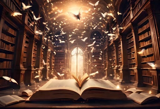 abstract magical world of library with books. AI generated image.