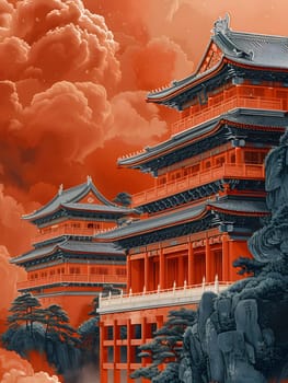 A majestic Chinese pagoda building with red paint sits atop a mountain surrounded by orange trees under a cloudy morning sky, resembling a piece of art
