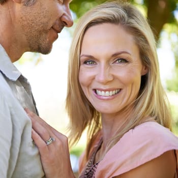 Happy, engagement and portrait of couple in park for bonding, relationship and love on weekend. Nature, marriage and face of man and woman embrace with ring for romance, care and commitment together.