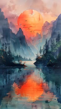 A stunning painting capturing the afterglow of a sunset over a tranquil lake with majestic mountains in the background, set against a colorful sky and reflected in the water below