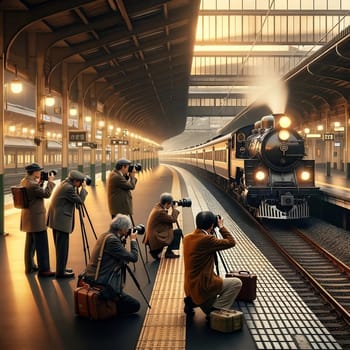 Japanese Railfan or Train Otaku Taking Photos of a Steam Train Arriving Station. High quality photo