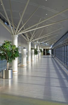Empty, airport and building for travel, architecture and interior design with corridor or lobby background. Inside for international journey, opportunity and transportation at airline in Copenhagen.