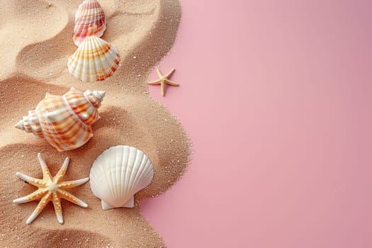 Top view Sand and seashell on a pink background. Generative AI.
