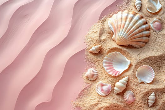 Top view Sand and seashell on a pink background. Generative AI.