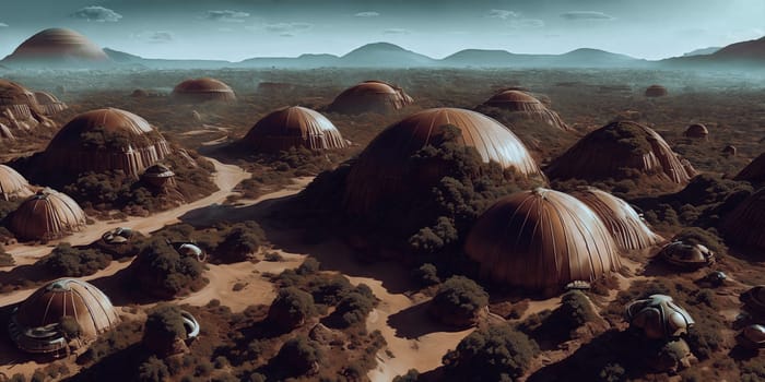 A breathtaking digital artwork of a transformed Mars settlement in the future, showcasing domed habitats, terraforming machinery, and abundant greenery changing the red planet into a livable world.