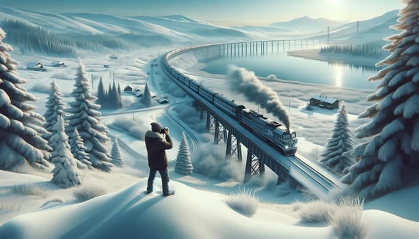 One Railfan or Train Buff Taking Photos of a Train in Winter Landscape. High quality photo