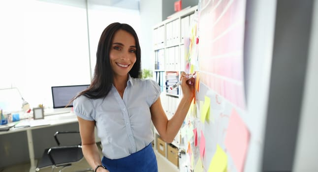 Beautiful smiling brunette caucasian woman writing something on whiteboard at workplace portrait