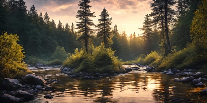 A vibrant sunset paints the sky above a tranquil forest river, reflecting golden hues on the rocks and lush landscape. Generative AI.