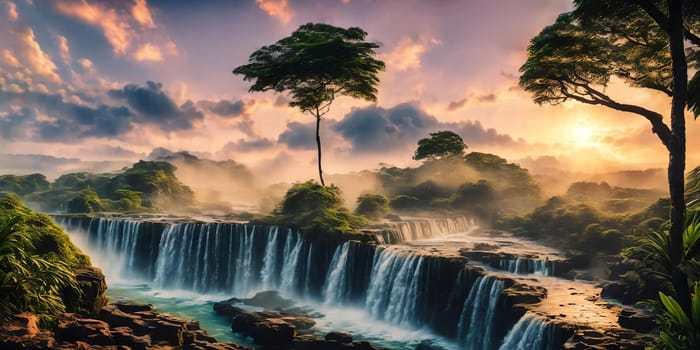 Fantasy landscape with waterfall at sunset, panorama.