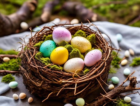 Eggcellent Easter Nest. A nest crafted from twigs, moss, and feathers, adorned with speckled eggs of different sizes and hues, set against a natural background to showcase the intricate beauty of nature's creations.
