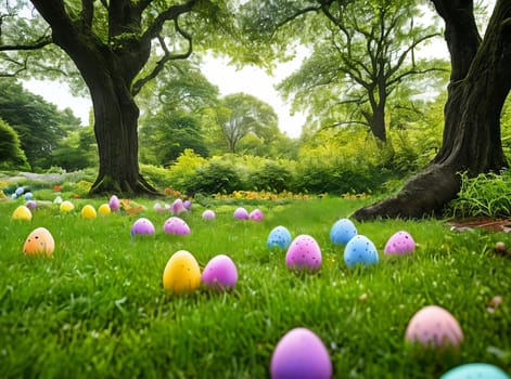Easter Egg Hunt. A whimsical scene of hidden Easter eggs nestled among lush green grass, blooming flowers, and scattered foliage, creating a sense of excitement and discovery for the viewer.