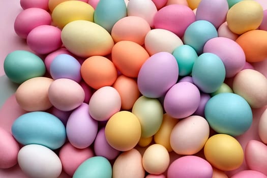 Pastel Easter Palette. A visually pleasing composition featuring a gradient of pastel-colored Easter decorations such as eggs accents arranged in an aesthetically pleasing manner, radiating a soft and dreamy atmosphere.