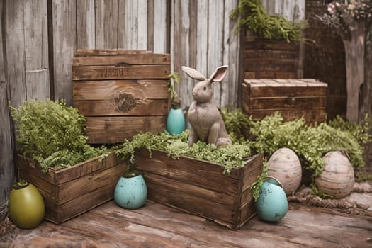 Rustic Easter Charm. A rustic vignette featuring weathered wooden crates, burlap accents, and vintage-inspired Easter decorations like metal bunny silhouettes or distressed signage, evoking a sense of nostalgia and country charm.