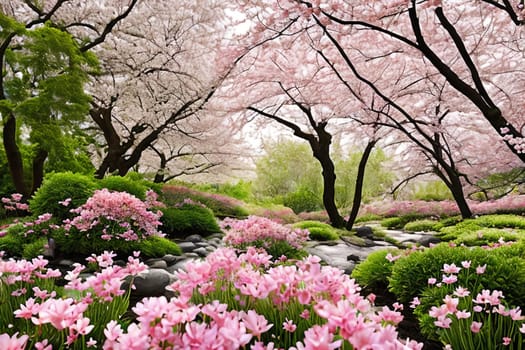 Springtime Botanicals. A collection of botanical elements associated with Easter, cherry blossoms, arranged in a harmonious composition that celebrates the beauty of nature's seasonal renewal.