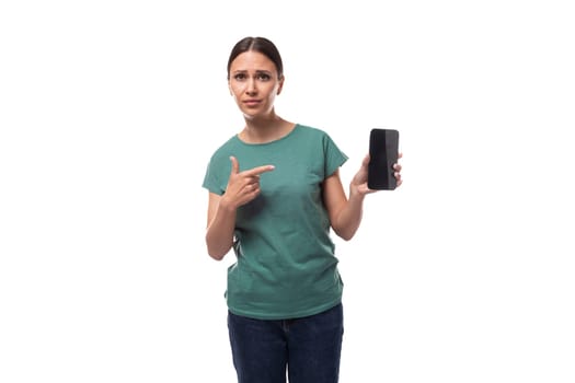 young slim brunette caucasian woman in casual clothes hold smartphone.