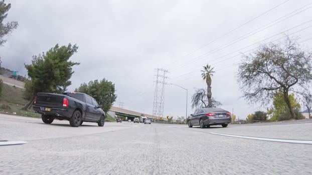 Los Angeles, California, USA-December 4, 2022-POV-Cruising on California's HWY 134 near Pasadena amid a cloudy winter day.