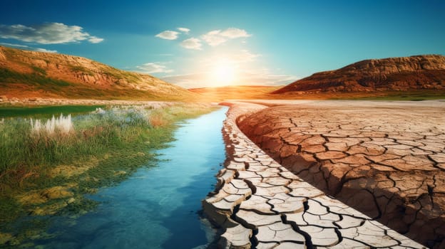 Cracked earth from lack of water and moisture in comparison with green earth, hope for salvation. Water shortage Earth due to global warming, drought, famine. Climate change, crisis environment, water crisis. Saving natural resources, planet suffers