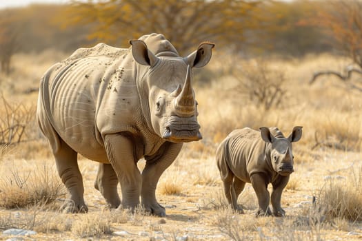 of a rhinoceros and its calf in Namibia.