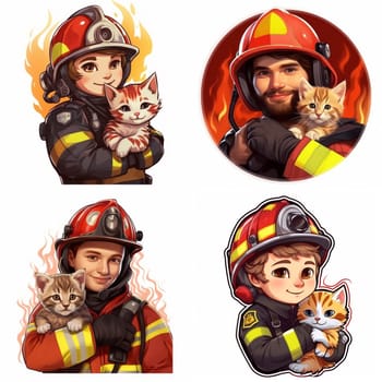 A firefighter in uniform holding a cat in one hand and a kitten in the other, displaying a rescue mission for animals in distress.