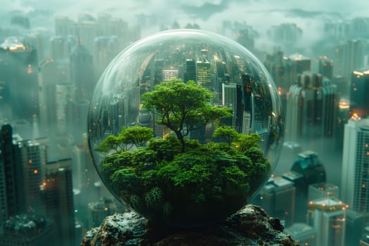 Against the background of a green city, there is a glass ball inside of which there are green trees and houses. Ecological concept