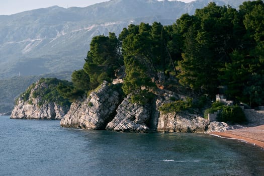 Sheer rocky seashore with green trees against the backdrop of mountains. High quality photo