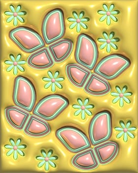 Butterflies and flowers on a yellow background, 3D rendering illustration