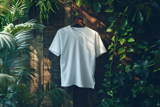 A hanging fashion white t-shirt positioned for mockup.