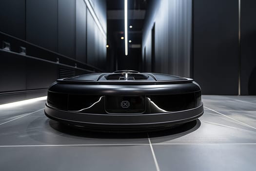 A black robot vacuum cleaner cleans the room. Close-up