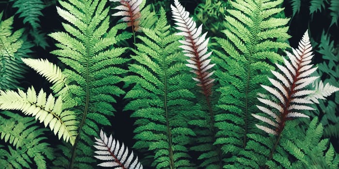 Elegance of nature. lush green botanical backdrop filled with different types of ferns, leaves, and foliage. Panorama