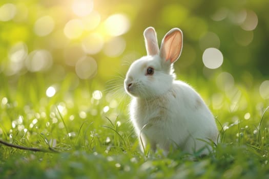 Beautiful Furry Easter Rabbit Bunny on Sunny Meadow. Bokeh Lights, Spring Garden, Traditional Easter Scene. Ai generated